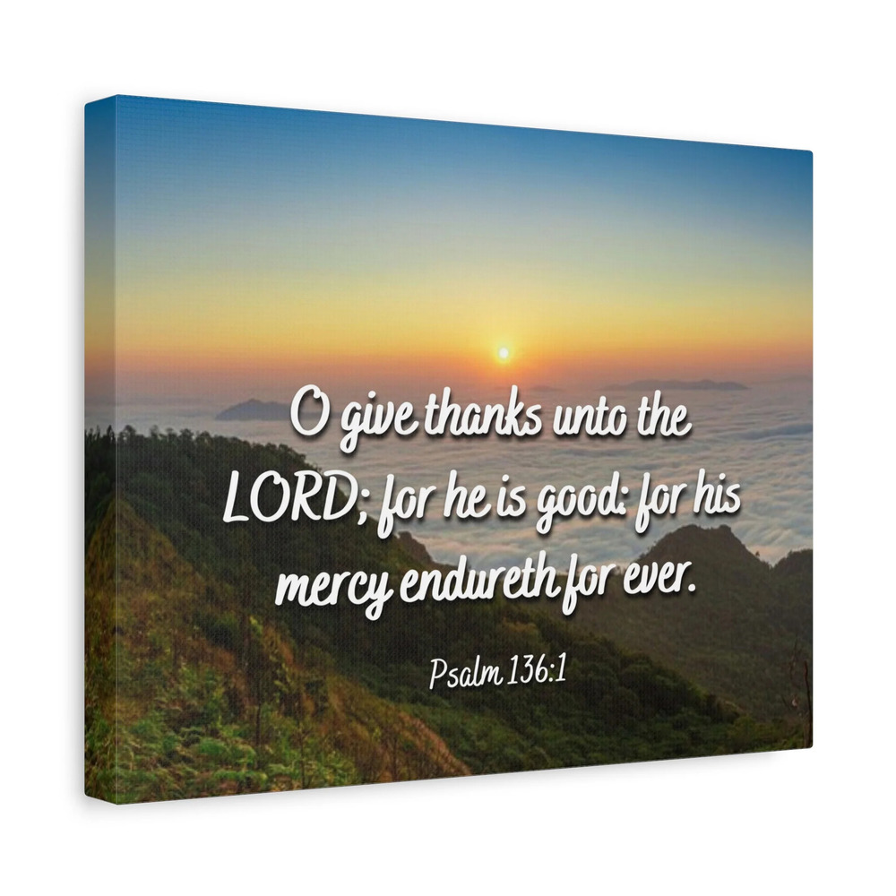 Scripture Canvas For His Mercy Psalm 136:1 Christian Wall Art Bible Verse Print
